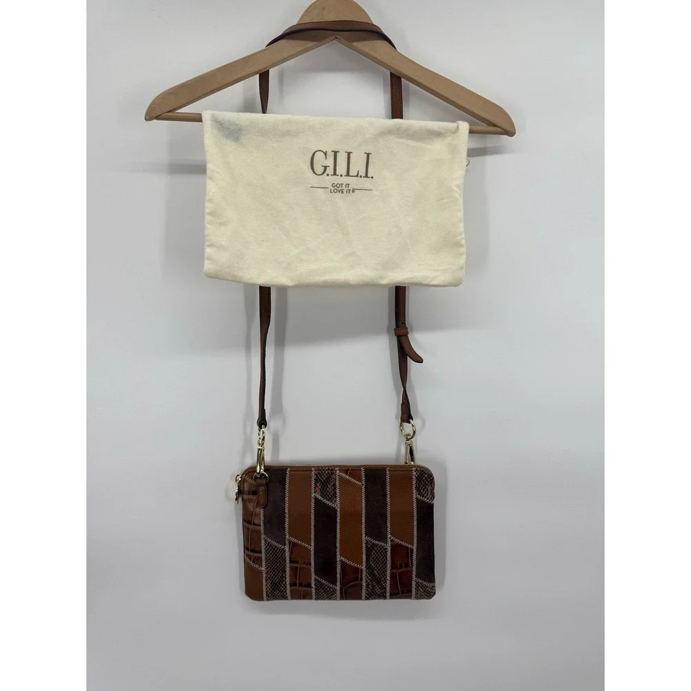Genuine Leather Crossbody Bag Brown Medium Patchwork Snakeskin Boho Western